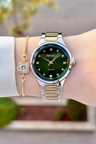 Ferrucci Kadranı Yeşil Kordonu Sarı Silver Renk 24 Ay Garantili Kadın Kol Saa...