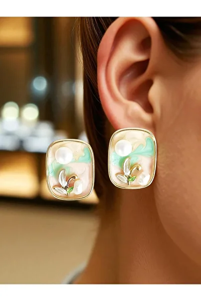 POKAK Vintage Pearl Flower Oil Painting Look Steel Plated Earrings