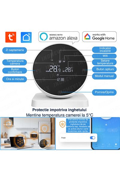 INOMEVIX Termostat ambiental Wifi, Tuya, Touch, Alexa/Google, Centralizat și de podea, Aplicație