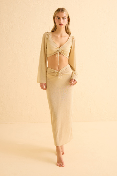 AQUELLA Simli Hardal Crop Top-Etek Takım