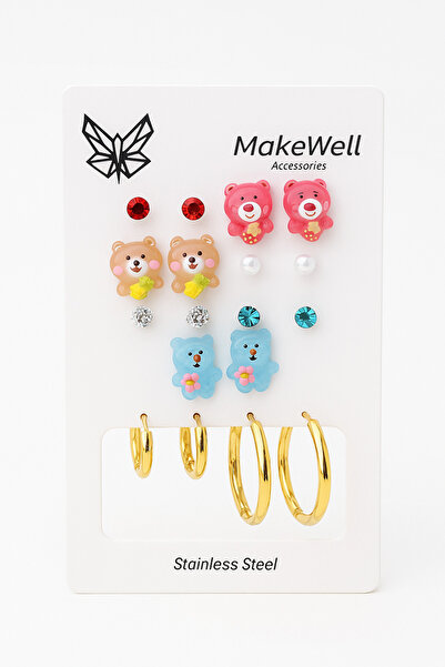 MakeWell Çelik Küpe Renk Atmaz Kararmaz Çelik Ayıcıklı Kuromi Tasarımlı Halka Çelik Küpeli 9lu Çelik Set