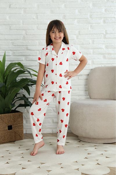 Minimoon Girls' Cotton Heart Pattern Button Short Sleeve Summer Pajamas Set