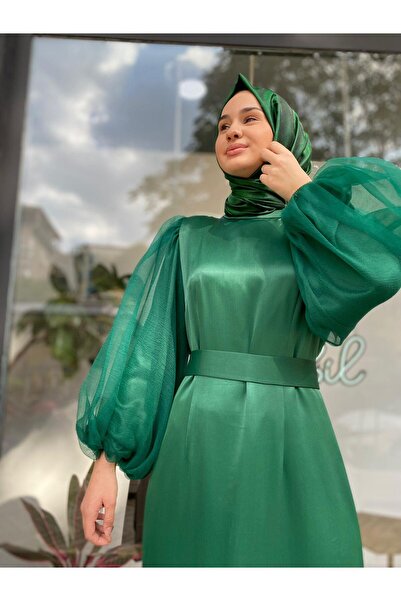 SENN Kol Organze Detay Elenore Kadın Abiye Elbise Zümrüt Yeşili