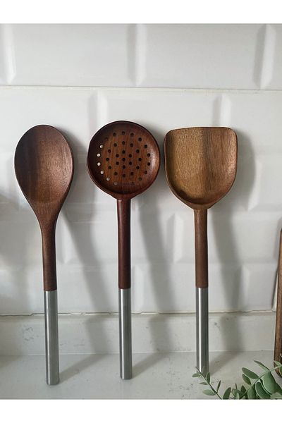 magical dreams 3-Piece Kitchen Utensils Set with Natural Wooden Handle - Colander, Wooden Spoon, Spatula