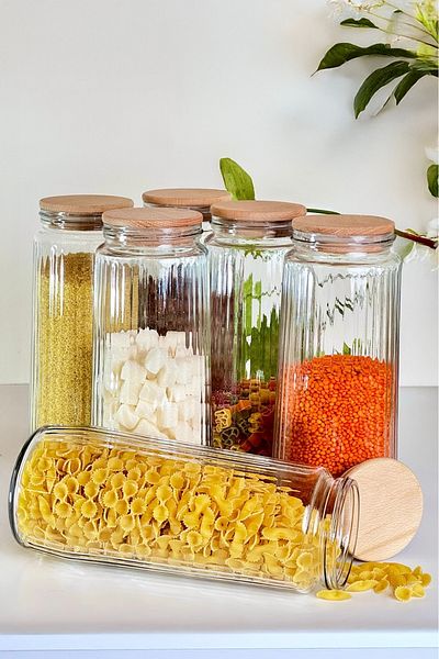 Mutfak Köşesi Set of 6 Glass Jars with Wooden Lids Vacuum Lids Set of Pulses 1500 ml