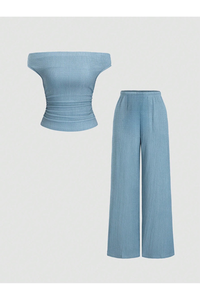meren like your style Set de pantaloni largi, cu umăr jos, cu șnur lateral, albastru bebeluș