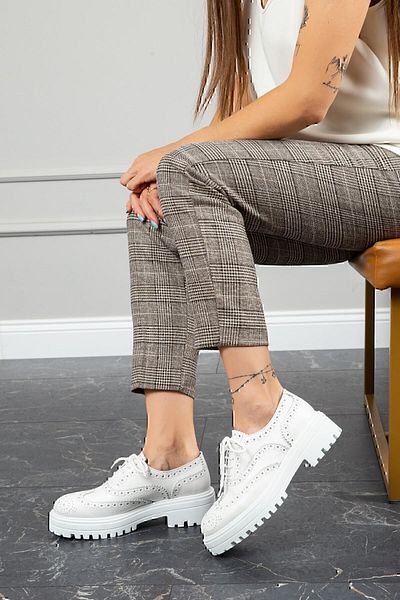 Deery Pantofi oxford de damă casual alb din piele naturală