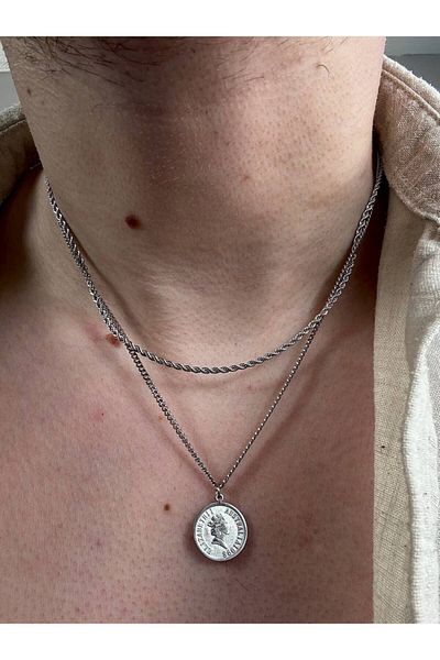 Arvens Men's Silver Stainless Steel Double Chain Necklace Does Not Lose Color Does Not Fade Unisex Does Not Fade