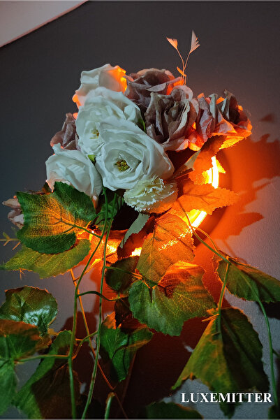 Luxemitter Neon Led Işıklı Dekoratif Duvar Saksısı Yapay Çiçek Vazosu Yuvarlak Iç Mekan Bitki Aydınlatma Süsü