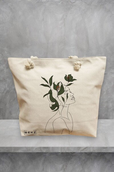 BEKZ Geanta de plaja, Flower Lady 10, 40x51 cm, Crem, BEKZ®