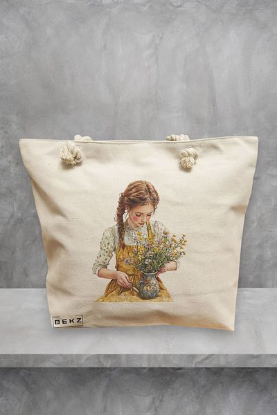 BEKZ Geanta de plaja, model The Girl with the flower pot, 40x51 cm, Crem, BEKZ®