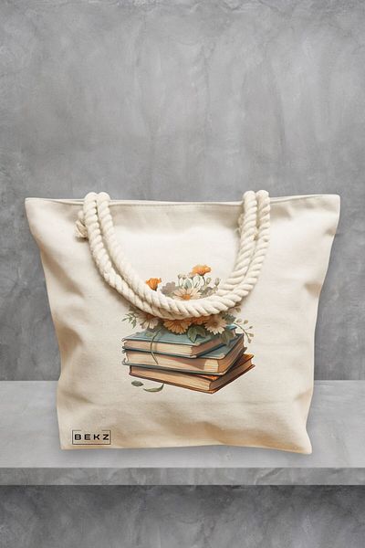 BEKZ Geanta de plaja, model Books and flowers 11, 40x51 cm, Crem, BEKZ®