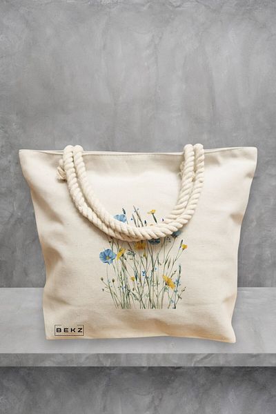 BEKZ Geanta de plaja, model Flowers 8, 40x51 cm, Crem, BEKZ®