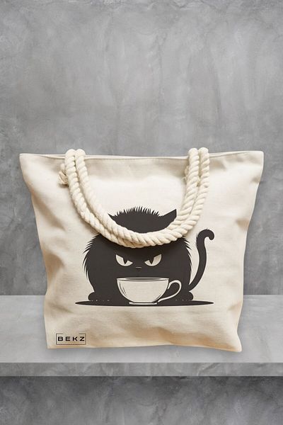 BEKZ Geanta de plaja, model Caffeine Cat 27, 40x51 cm, Crem, BEKZ®