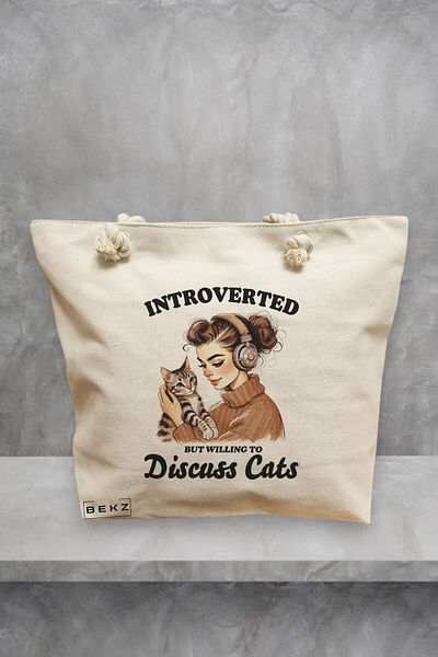 BEKZ Geanta de plaja, model Introverted but willing to discuss cats, 40x51 cm, Crem, BEKZ®