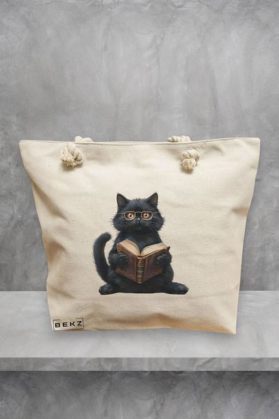 BEKZ Geanta de plaja, model Reading cat 10, 40x51 cm, Crem, BEKZ®