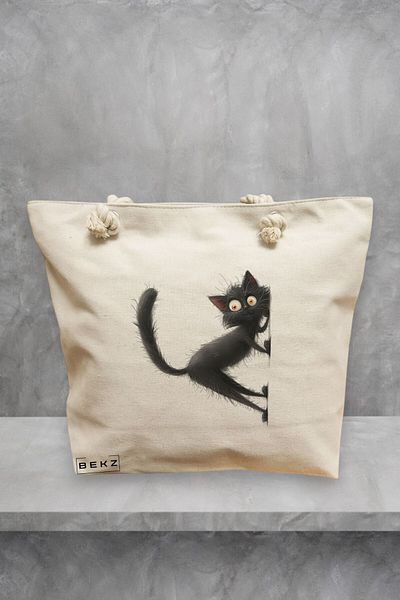 BEKZ Geanta de plaja, model What a cat, 40x51 cm, Crem, BEKZ®