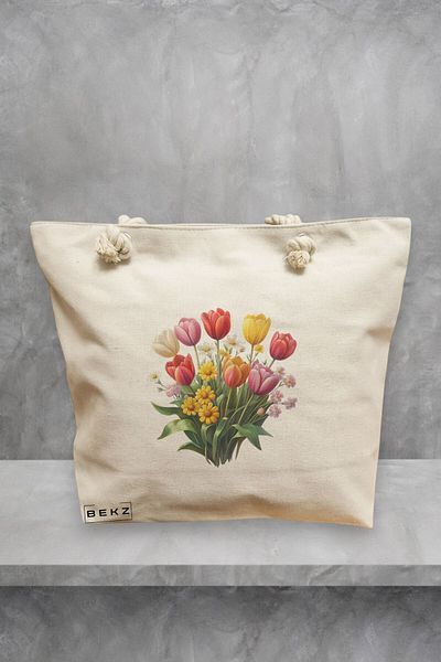 BEKZ Geanta de plaja, model Flowers 10, 40x51 cm, Crem, BEKZ®