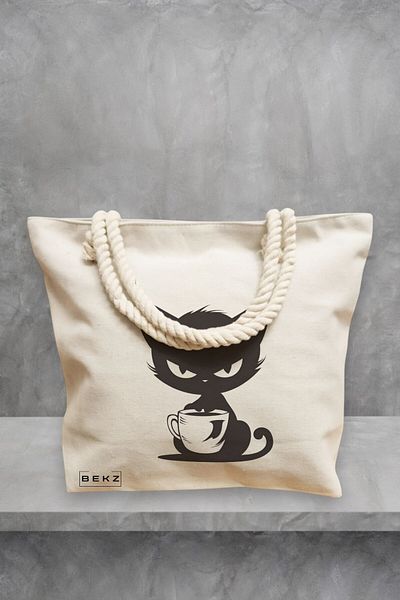 BEKZ Geanta de plaja, model Caffeine Cat 26, 40x51 cm, Crem, BEKZ®