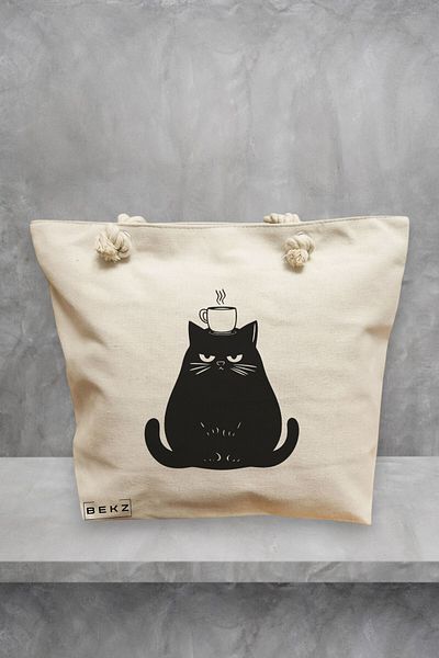 BEKZ Geanta de plaja, model Caffeine Cat 19, 40x51 cm, Crem, BEKZ®