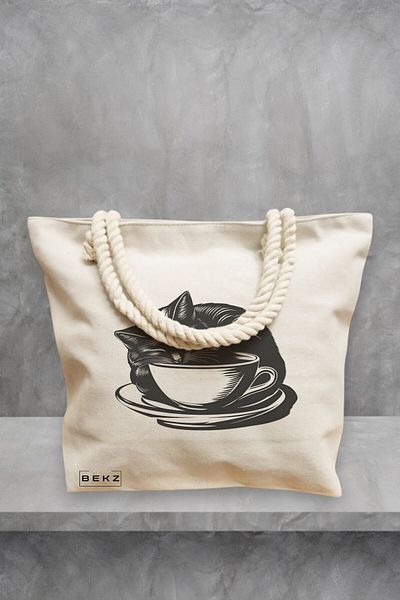 BEKZ Geanta de plaja, model Caffeine Cat 25, 40x51 cm, Crem, BEKZ®