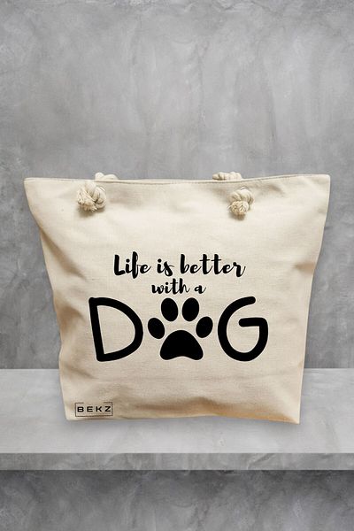 BEKZ Geanta de plaja, model Life is better with a doggo, 40x51 cm, Crem, BEKZ®