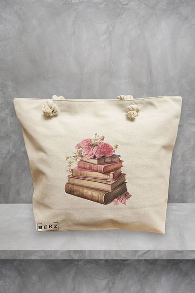 BEKZ Geanta de plaja, model Books and flowers 5, 40x51 cm, Crem, BEKZ®