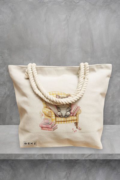 BEKZ Geanta de plaja, model Reading cat 7, 40x51 cm, Crem, BEKZ®
