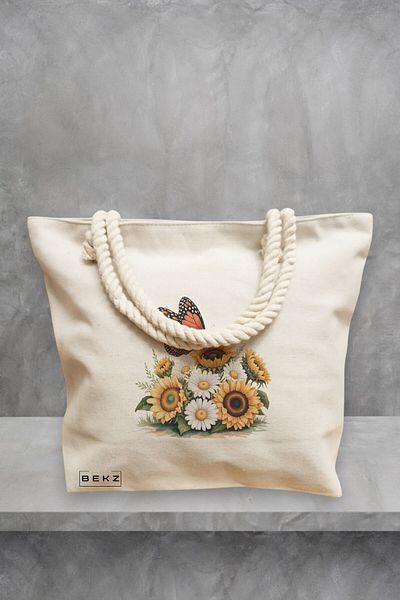BEKZ Geanta de plaja, model Sunflowers, 40x51 cm, Crem, BEKZ®