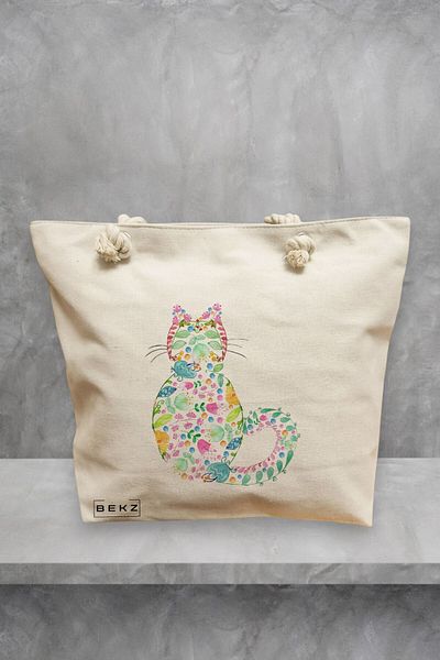 BEKZ Geanta de plaja, model Floral Cat, 40x51 cm, Crem, BEKZ®