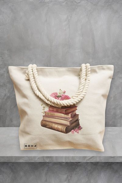 BEKZ Geanta de plaja, model Books and flowers 5, 40x51 cm, Crem, BEKZ®