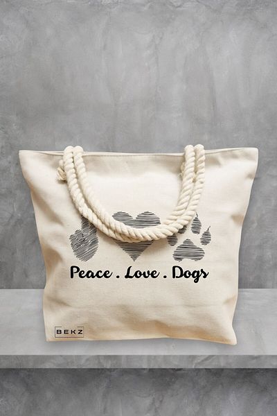 BEKZ Geanta de plaja, model Peace Love Dogs, 40x51 cm, Crem, BEKZ®
