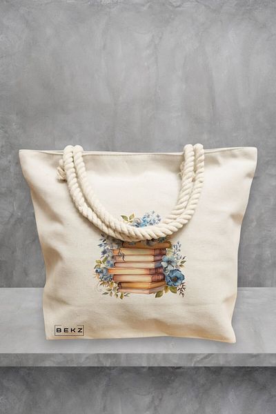BEKZ Geanta de plaja, model Books and flowers 16, 40x51 cm, Crem, BEKZ®