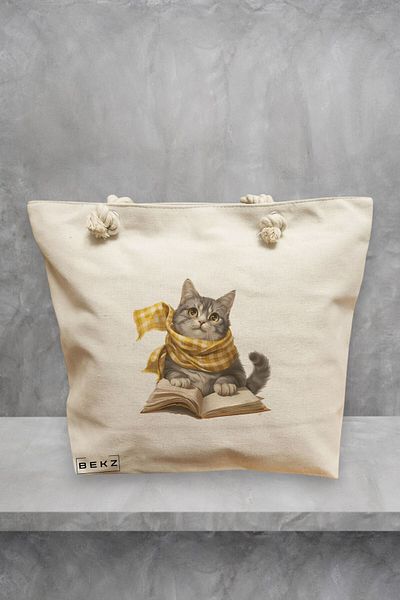 BEKZ Geanta de plaja, model Reading cat 5, 40x51 cm, Crem, BEKZ®