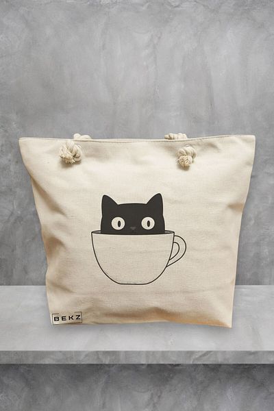 BEKZ Geanta de plaja, model Caffeine Cat 14, 40x51 cm, Crem, BEKZ®