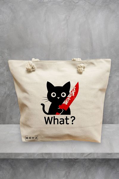 BEKZ Geanta de plaja, model Funny Black Cat, 40x51 cm, Crem, BEKZ®