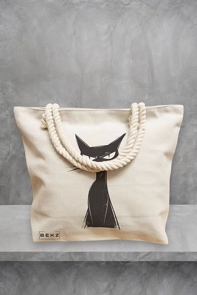 BEKZ Geanta de plaja, model That cat face, 40x51 cm, Crem, BEKZ®