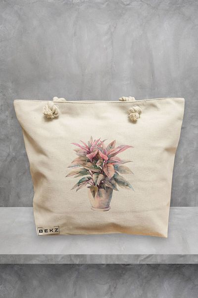 BEKZ Geanta de plaja, model Flowers 2, 40x51 cm, Crem, BEKZ®