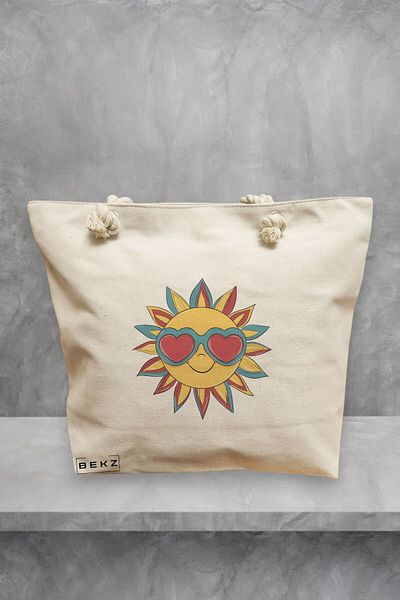 BEKZ Geanta de plaja, model Sun faces 9, 40x51 cm, Crem, BEKZ®