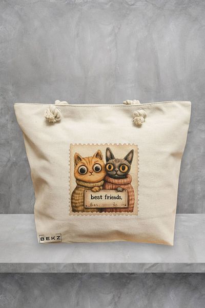 BEKZ Geanta de plaja, model Best friends Cats, 40x51 cm, Crem, BEKZ®