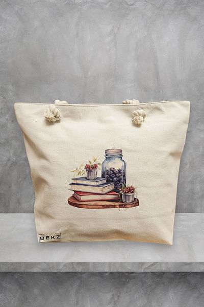 BEKZ Geanta de plaja, model Books and flowers 8, 40x51 cm, Crem, BEKZ®