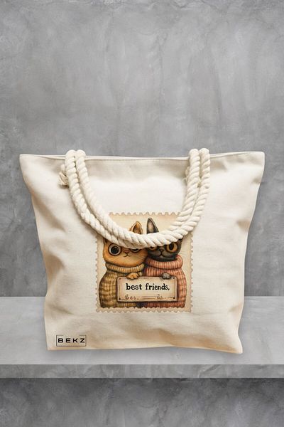 BEKZ Geanta de plaja, model Best friends Cats, 40x51 cm, Crem, BEKZ®
