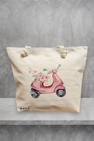 BEKZ Geanta de plaja, model Rose flower Bike, 40x51 cm, Crem, BEKZ®