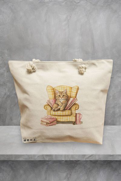 BEKZ Geanta de plaja, model Reading cat 6, 40x51 cm, Crem, BEKZ®