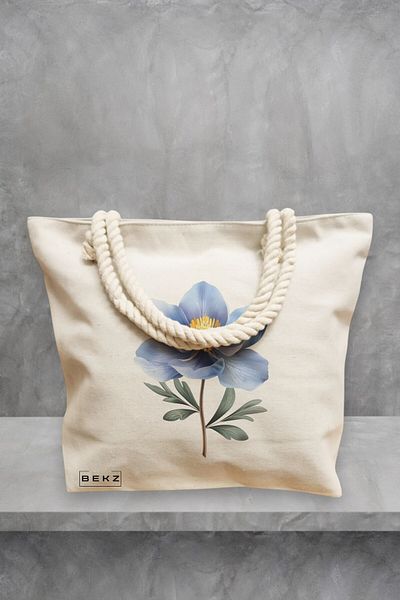 BEKZ Geanta de plaja, model Blue Flower, 40x51 cm, Crem, BEKZ®