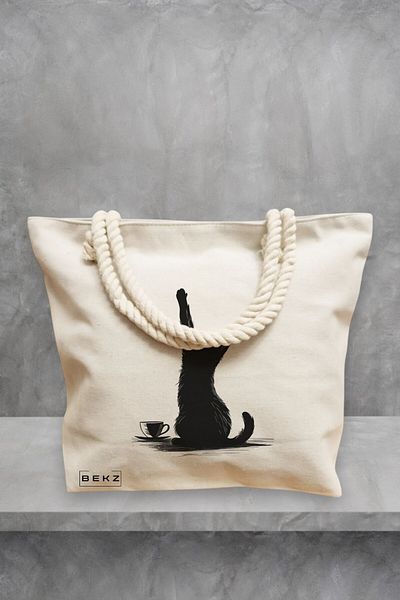 BEKZ Geanta de plaja, model Caffeine Cat 6, 40x51 cm, Crem, BEKZ®