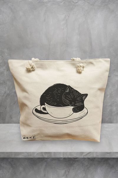 BEKZ Geanta de plaja, model Caffeine Cat 22, 40x51 cm, Crem, BEKZ®