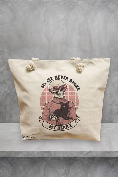 BEKZ Geanta de plaja, model My cat never broke my heart, 40x51 cm, Crem, BEKZ®