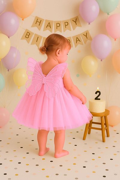 Minytrendy Baby Girl Child Butterfly Winged High Waist Above Knee Tutu Skirt Birthday Party Concept Mini Dress