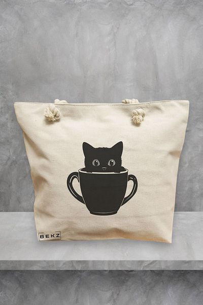 BEKZ Geanta de plaja, model Caffeine Cat 15, 40x51 cm, Crem, BEKZ®